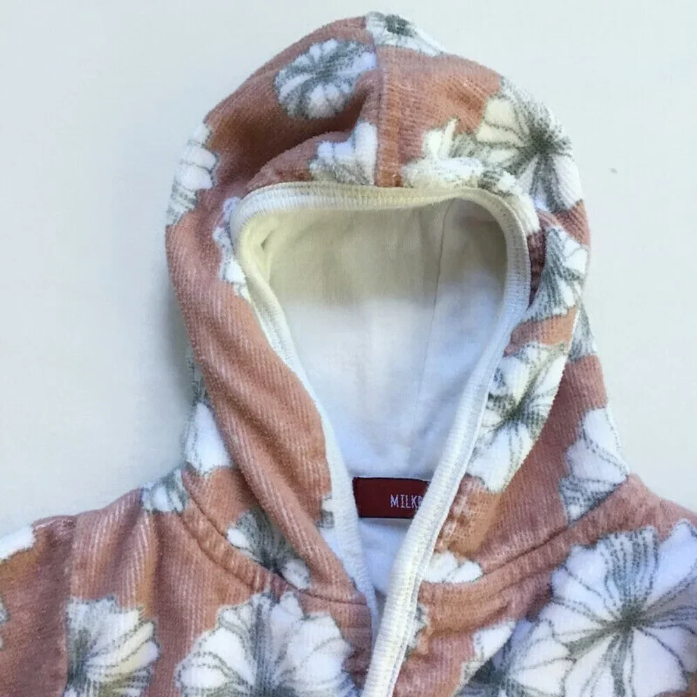 Milkbarn Hooded Bath Robe Infant Girl 0-9 Mos. Pink White Floral Organic Cotton